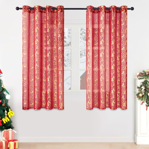 MRTREES gardinen kurz Fenster Gardine Weihnchaten Vorhang rot vorhänge Wohnzimmer Stores gardinen mit ösen Vorhang transparent mit Gold Muster 137x140cm (H×B) 2er Set