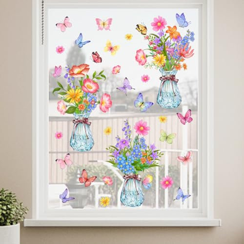 Runtoo Autocollants de Fenêtre Pot de Fleurs Stickers Muraux Papillon Deco Stickers Salle de Bain Cuisine Chambre Bébé Décoration