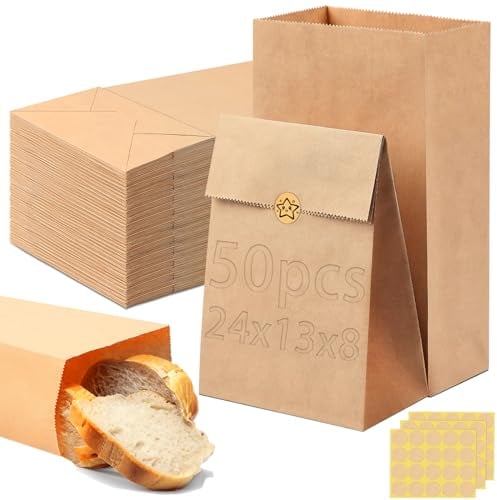 Kvittra Kraft Paper Lunch Bags 50/100 Pack, 4lb Heavy Duty Brown Recyclable Lunch Bags for Snacks, Food Storage, Grocery, Picnic, Meal Prep - 13x8x24cm (13x8x24cm)
