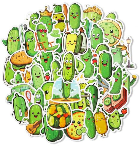 51pcs Funny Pickle Stickers, Cartoon Pickle Themed Decal Waterproof Water Bottles Cucumber Stickers for Kids Adult Laptop Skateboard Party Favor Gift Decoration Supplies
