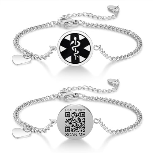 Theluckytag Bracelets médicaux améliorés pour homme et femme avec code QR - Bracelet d'identification médicale en acier titane pour poignets jusqu'à 20,3 à 25,4 cm - Plus d'espace personnalisé