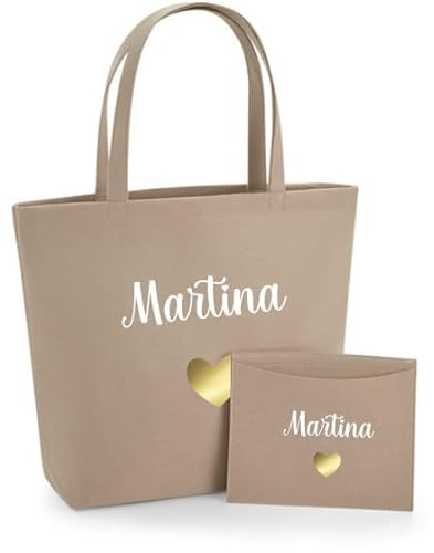 AWASG Filztasche Damen-Tasche mit kleinem Etui - Bedruckt und Personalisiert mit Herz Name - Shopper Geschenk für Sie (sand)