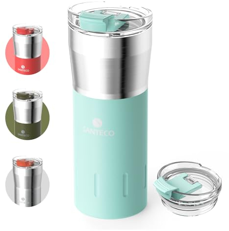 SANTECO Thermobecher 500ml, Kaffeebecher to go 18/8 aus Edelstahl Doppelwandig isoliert - Hält 10 Stunden Heiß - 100% auslaufsicher trinkbecher mit transparent deckel BPA-freier