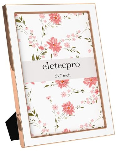 eletecpro 5x7 Enamel Picture Frame with Real Glass Cover, 1 Pack White Photo Frame with Rose Gold Metal Edge, Horizontal and Vertical Display Pictures 5x7 for Tabletop, Bookshelf, Wall Decor