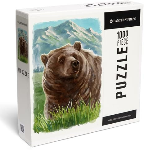 Lantern Press 1000 Piece Jigsaw Puzzle, Watercolor Study, Grizzly Bear with Mountain