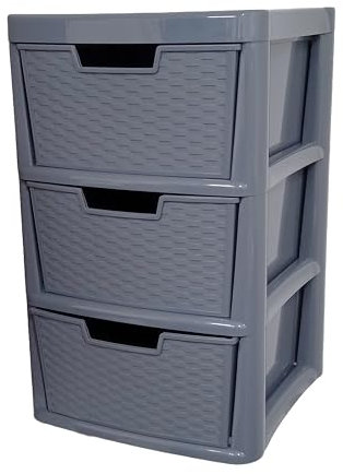 SIDSONS Large Plastic Rattan Style Storage Drawer (Rattan/Grey, 3 Tier)