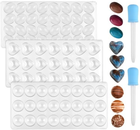 3 Pcs Moule à Chocolat en Polycarbonate Transparent Moule à Bonbons avec 2 Compte-gouttes Moules 3D pour Gelée Bonbons Glaçons