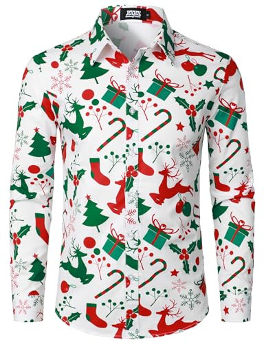 JOGAL Mens Fun Christmas Print Santa Claus Shirts Long Sleeve Button Up Dress Shirts CandyDeer Large White Red