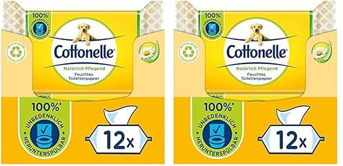 Cottonelle Feuchtes Toilettenpapier, Natürlich Pflegend - Kamille & Aloe Vera, Biologisch Abbaubar, Plastikfrei, Wiederverschließbar, Vorteilspack, 12 x 42 Feuchttücher (Packung mit 2)