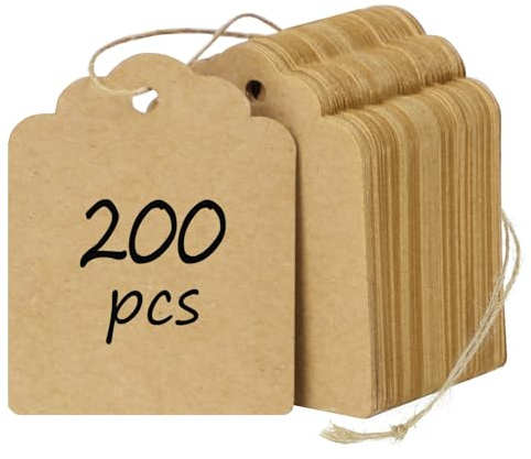 Uniclife 4.5 x 3.5 cm 200 Pcs Price Tag with String Attached Writable Brown Kraft Paper Gift Tags with Jute Twine Hang Tag Price Display Labels for Clothing Jewelry Blank Merchandise Marking Tags