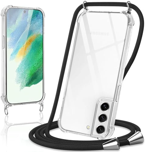 Coiwxmoi Coque avec Cordon pour Samsung Galaxy S21 FE 5G 6.4, Collier Réglable Téléphone Étui Portable Lanyard Case Transparent Ultra Souple Silicone TPU Housse Antichoc Protection Cover, Noir