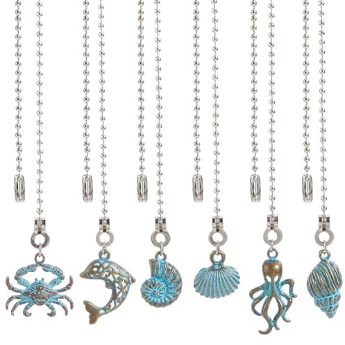 craspire 12 Stück Muschel Deckenventilator Zugkette Legierung Delfin Krabbe Oktopus Ozean Meerestier Vintage Grüne Patina Hängender Anhänger Charm Kugelkette Verlängerung Für Deckenventilator Licht