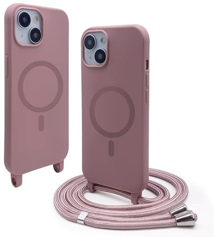 CUZZCASE Silikon Schutzhülle kompatibel mit iPhone 13(6.1),Kabellosem Laden,Silikon Stylische Verstellbarer Halskette Handyhülle-Lotus Farbe