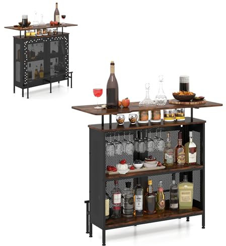 COSTWAY Mesa de Bar, Armario de Metal con 2 Estantes para Vino y 6 Soportes para Copas, Reposapiés y 7 Patas Ajustables, Mesa de Bar de Metal para Cocina Pub,120x50x106,5 cm (Rectangular Marrón)