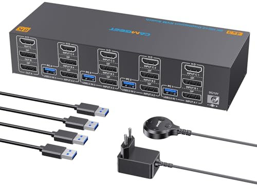 8K KVM Switch 4 PC 3 Monitors 4K@144Hz 8K@60Hz, HDMI 2.1+ 2 DisplayPort 1.4 KVM Switch 4 Port für 4 Computers share 3 Monitors und 4 USB Geräte, triple monitor kvm mit Wired Remote und 4 USB3.0 Kabeln