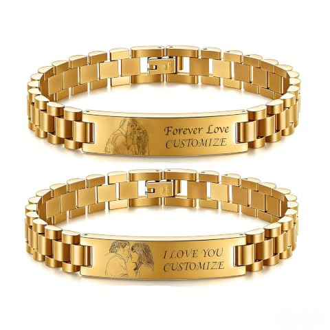Hsumonre Personalisierte Foto-Paar-Armbänder Kundenspezifisches Bildarmband für Sie und ihn-Skizze Text Gravierbare ID Gliederkette Zirkonia Armband Anpassen für BF und GF Männer Frauen