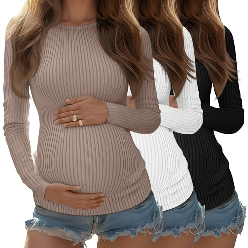 Riyiper 3 Pack Womens Maternity Ribbed Long Sleeve Tunic Shirts | Crew Neck Pregnancy Tees, Stretchy Soft Fitted Tops, Comfortable Casual Clothes for Fall Layering and Everyday Maternity Wear