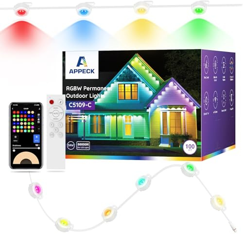APPECK Permanente Außenbeleuchtung 30m mit 72 LEDs, Lichterkette Außen Haus | Smarte, Farbwechsel, IP65 Wasserdicht, RGBW, 111 Szenenmodi, für Tägliche Feiertag Dekoration, Kompatibel mit Alexa, Schwarz