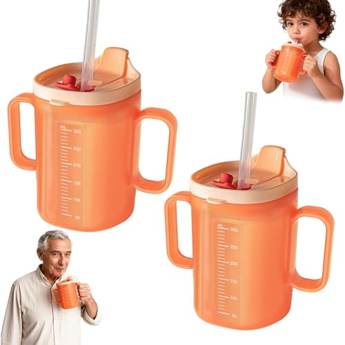 Wxeadu 2 Pcs Elderly Spill Proof Cups, 300ml Sippy Cup for Adults, Beakers for Elderly with 2 Handles, Adult Feeding Cup Drinking Cup with Lid and Straw, Adult Sippy Cups for The Elderly Non Spill