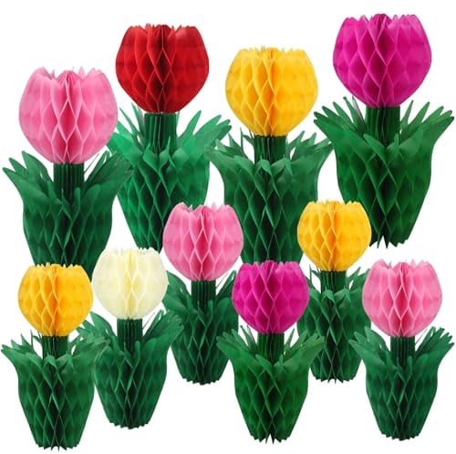 10 Stück Tulpen Wabenbälle Dekoration Papierblumen Palmen Deko | Tischdeko Hochzeit Frühlingsdeko für Muttertag Matrimonio Decorazione und Gartenparty Deko Wohnzimmer Tischdekoration