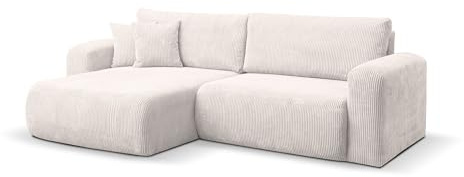 VENASI MÖBEL Ecksofa mit Schlaffunktion Roma, Beige Cordstoff | Sofa mit Bettkasten, Schlaffläche 125 × 200, inkl. Kissen & Aufbauanleitung