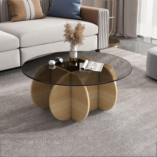 YADZISW Table Basse Ronde Moderne et élégante avec Plateau en Verre trempé Transparent et Base en Bois Massif Gris Noyer 28x16 Pouces Taille Centrale pour Salon ou terrasse.