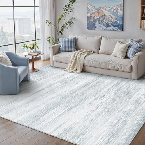 PureCozy Teppich Wohnzimmer 140x200cm Blau Waschbar Groß Carpet | Modern Abstrakter Teppich, Rutschfest, Waschbarer Weich, für Eingangsbereich, Küche, Bettvorleger