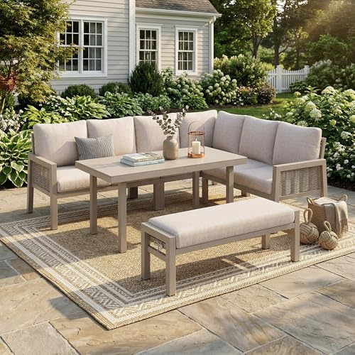 Zenithpath Gartenmöbel Set 8 Personen, Dining Lounge Eckstellung mit Verzinktem Eisen & handgefertigtem PE-Geflechtseil, Glastischplatte, Esstisch, Bänke & Sofas, Outdoor Terrassenmöbel, Khaki