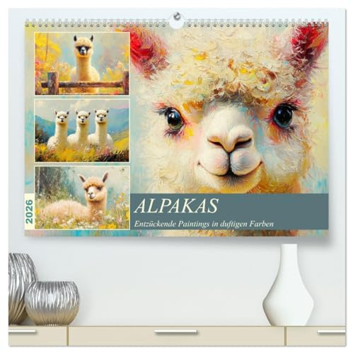 Alpakas. Entzückende Paintings in duftigen Farben (hochwertiger Premium Wandkalender 2026 DIN A2 quer), Kunstdruck in Hochglanz: Zauberhafte Alpakas in pastellfarbenen Ölbildern (CALVENDO Tiere)