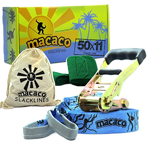 Macaco Travel Slackline-Set – Slackline 11 m (33'x5) + Baumschutz + Anleitung (evtl. Nicht in Deutscher Sprache) + Natur-Baumwolltasche für Tightrope Kit – sehr einfach aufzubauen