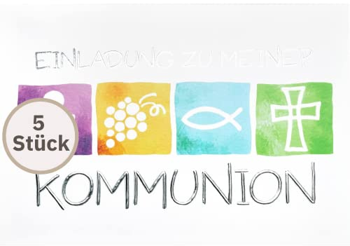 Perleberg Einladungskarte Kommunion in Premium-Qualität 5 Stück - Einladung zur Kommunion inkl Umschlag - Mädchen & Jungen mit Silber Veredelungen & Symbolen 10,5 x 14,5 cm