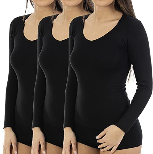 Lacotex Camiseta Interior de Mujer Manga Larga y Cuello Pico | Confort y Protección Térmica Interior | Pack Ahorro 3 Unidades | Talla M Negro