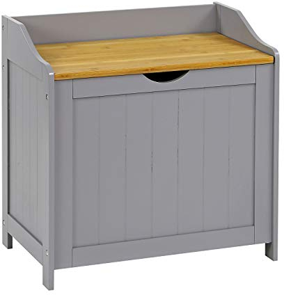 Taylor & Brown Grey & Bamboo Wooden Bathroom Laundry Cabinet Storage Cupboard Chest Bin Wooden Basket Free Standing Unit