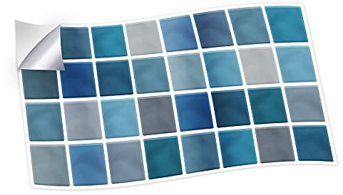 WALPLUS 12pcs(28.5x14cm/11.2x5.5in) Classic Blue and Grey Mosaic Wall Tile Sticker Peel and Stick Backsplash Decals Vinyl Home Decors Splashback for Kitchen Bathroom Tile Paint Stick on Wall