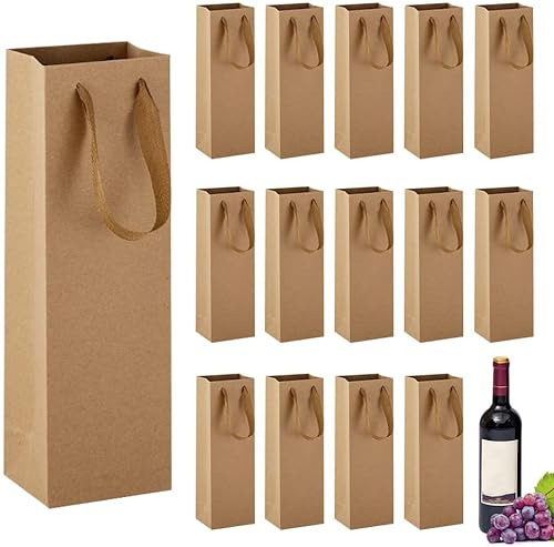 EMAGEREN 15 Pcs Wine Gift Bags Kraft Paper Wine Storage Bag Single Bottle Bags Premium Wine Champagne Gift Bag Sturdy Paper Wine Tote Bag with Handles for Housewarming Birthday Anniversary Wedding