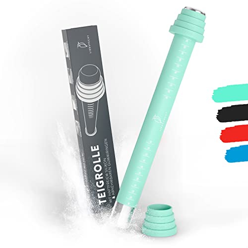 Liebspecht Rouleau à pâtisserie en silicone de qualité supérieure antiadhésif – Rouleau à pâtisserie en acier inoxydable avec revêtement en silicone – Avec anneaux d'écartement