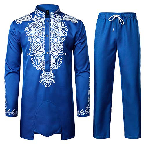 LucMatton Afrikanisches Herren-Outfit, Langarm-Dashiki mit Golddruck und Hose, traditioneller Anzug, 2-teiliges Set, königsblau, XL