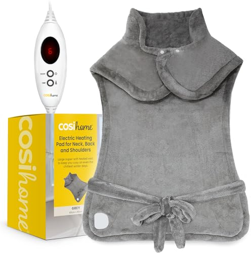 Cosi Home® Electric Heat Pad for Neck, Back & Shoulders - Luxury Heated Shoulder, Back & Neck Warmer with 6 Heat Settings & Super Soft Fleece Material – Machine-Washable Heating Pad Grey