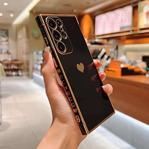 Compatible with Samsung Galaxy S22 Ultra 5G Case,Love Heart Pattern Electroplated Design Soft TPU Shockproof Protective Phone Case Full Camera Lens Protection Cover for Samsung Galaxy S22 Ultra-Black