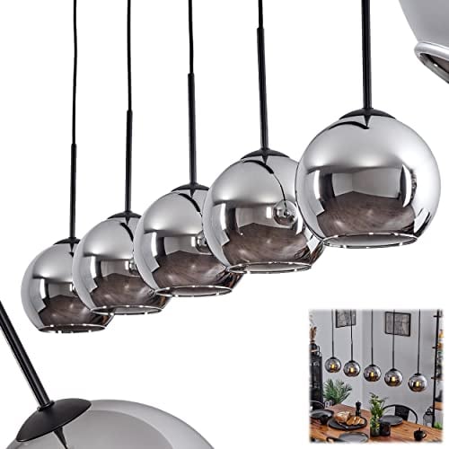 Hängeleuchte Koyoto, Hängelampe aus Metall/Glas in Schwarz/Chromfarben, Leuchte 5-flammig im Vintage/Retro Design mit Schirmen aus Glas (Ø 15 cm), Höhe max. 147,5 cm, 5 x E27, ohne Leuchtmittel