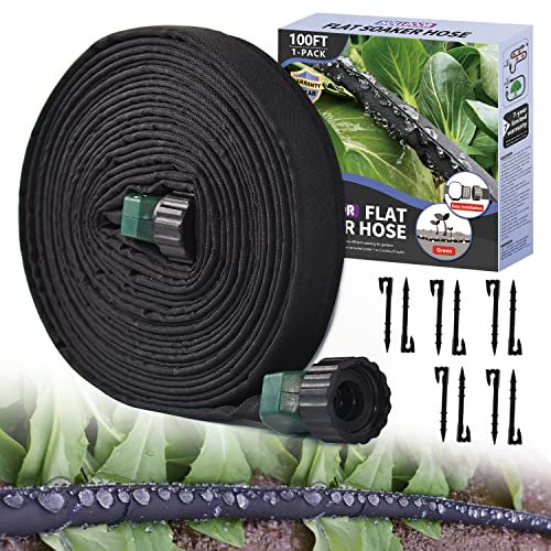Flacher Tropfschlauch 30 m für Gartenbeete mit Tropfschlauchpfähle, Garten-Tropfschlauch, 30 m zum Sparen von 70 % Wasser, Tropfschlauch für Garten, Gemüsebetten (30,5 m 1 Pack)