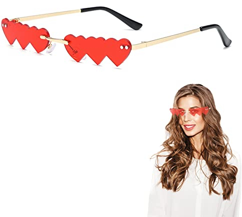 BASTOUR Herzsonnenbrille, Randlose Herz Brille, Mode Punk Herz Randlos Sonnenbrille, Hippie Herzförmige Brille, für Halloween, Fasching, Geburtstagsfeier Party, Rot, 1 Stück