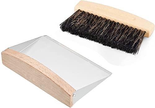 OAKART Mini Metal Dustpan and Brush Set for Sweeping Crumbs Fireplace, Natural Table Sweeper Combo Horsehair