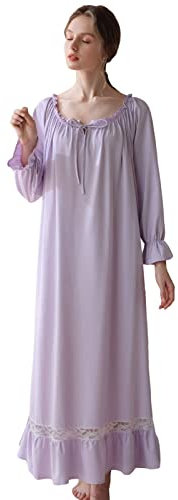 aromm Femmes Coton Victorien Robe de Nuit Garniture en Dentelle Manche Longue Extensible Pyjama Violet, L