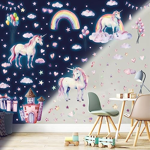 Einhorn Wandtattoo Kinderzimmer Leuchtsticker Einhorn Leuchtend Wandaufkleber Mädchenzimmer Regenbogen Schlos Leuchtaufkleber Fluoreszierend Wandaufkleber Babyzimmer Deko für Mädchen Geschenke Blau
