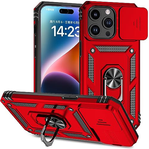Hitaoyou iPhone 15 Pro Max Case with Camera Cover & Kickstand, Military Grade Shockproof Heavy Duty Protective Magnetic Case for iPhone 15 Pro Max 6.7'' Red