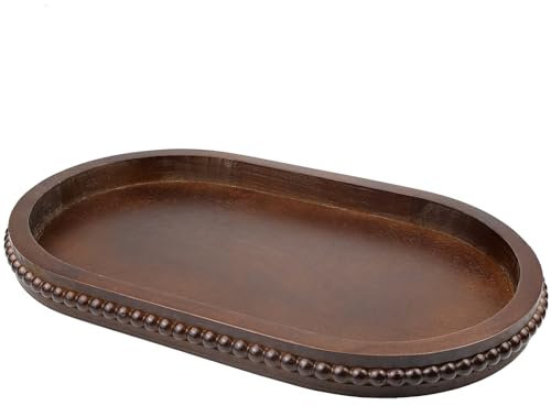 Hrastany Oval Wood Decorative Tray with Wooden beads, Vintage Serving Platter Tray for Ottoman, Coffee Table, Entertaining, Kitchen Counter Organizer, Home Decor (Retro Brown)