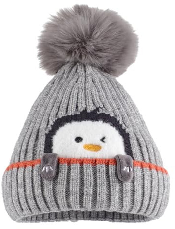 MASOCIO Wintermütze Baby Mütze Junge Mädchen Winter Herbst Warme Kinder Babymütze mit Bommel Kindermützen Strickmütze 2 Fleece Beanie Hat 1-3 Jahr Grau