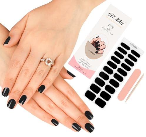 ZAHRVIA 20 PCS Semi Cured Gel Nail Strips, Gel Nail Strips Full Wraps Adhesive Stickers with Nails File and Stick (UV/LED Lamp Required)-Black