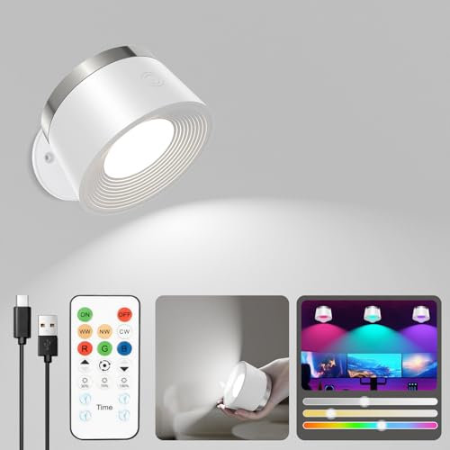 Speclux Battery Operated Wall Lights, LED Rechargeable Wall Lights Indoor, 3500mAh Magnetic Wall Lamp with Remote, 3 Color Temperatures & 13 RGB & Dimmable 360° Free Rotation Sconces Wall Lighting